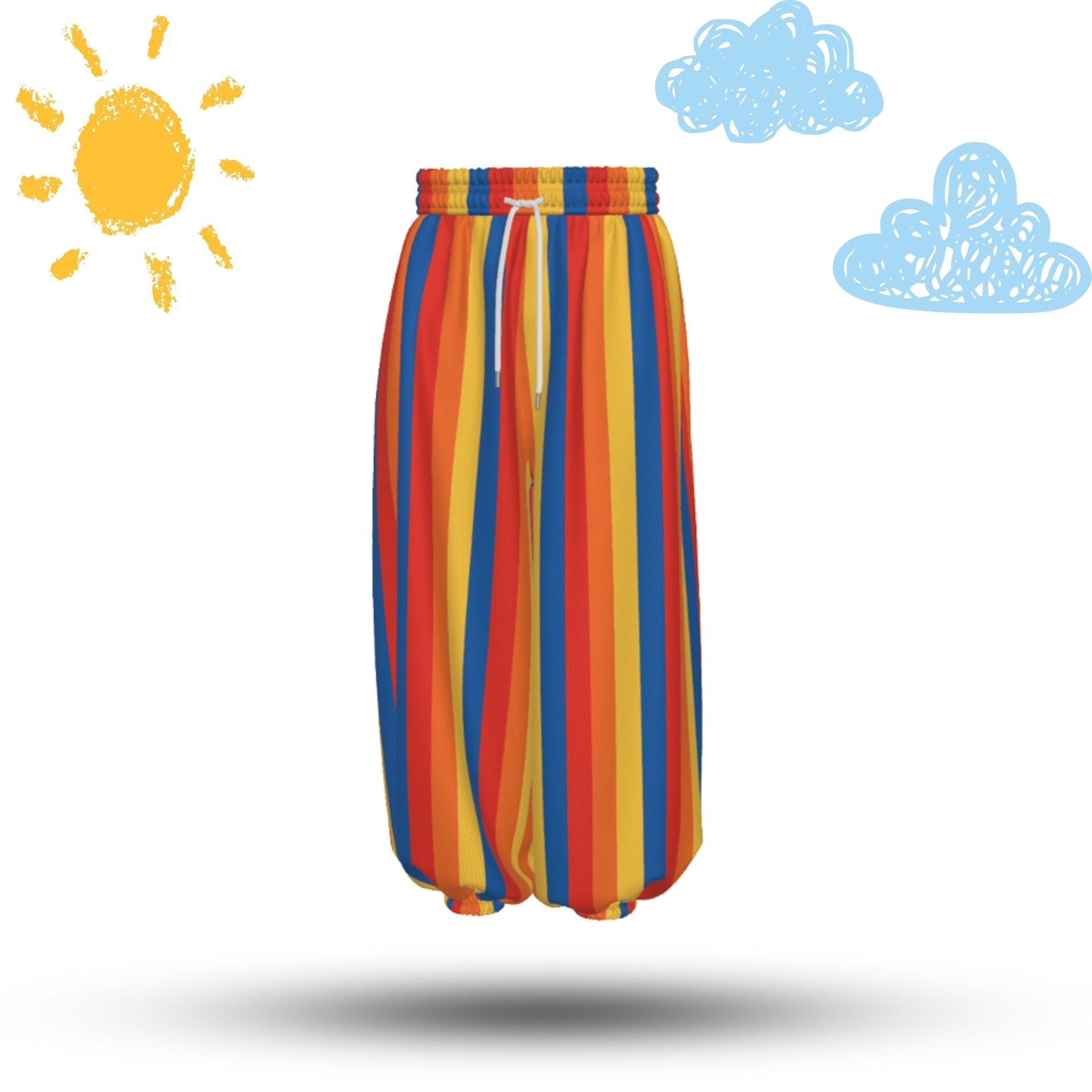Colorful  blue orange yellow red striped clown pants with a sun and clouds on a white background