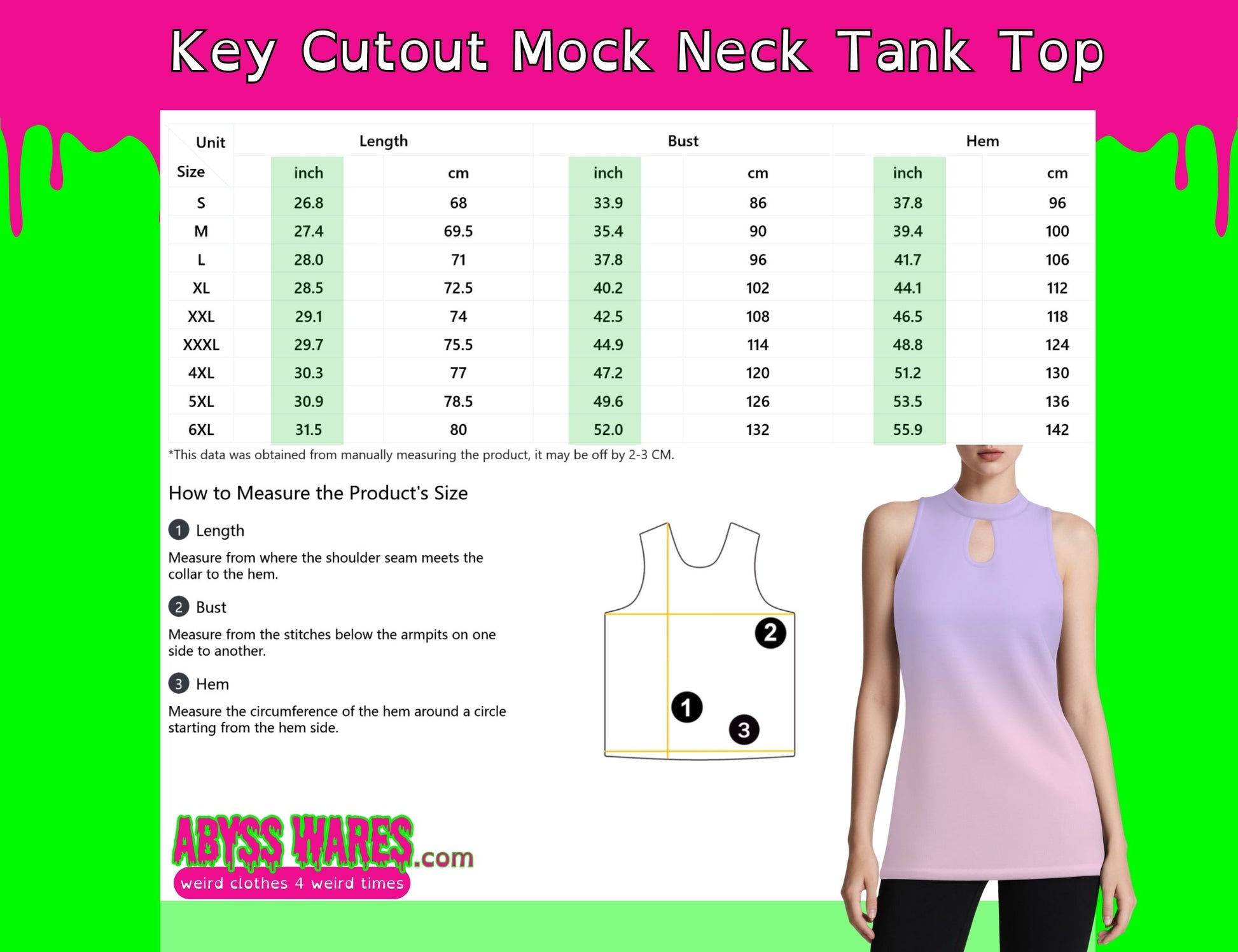 Measurement chart for a key cutout mock neck tank top with a person wearing the garment.