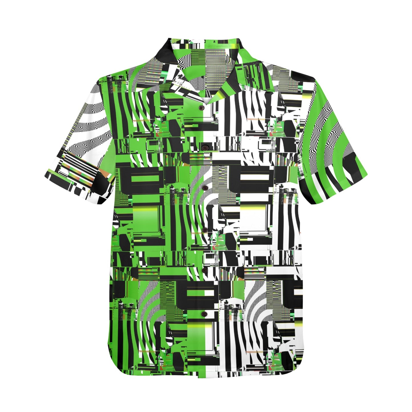 Short-sleeve shirt with a geometric pattern in green, black, and white on a white background