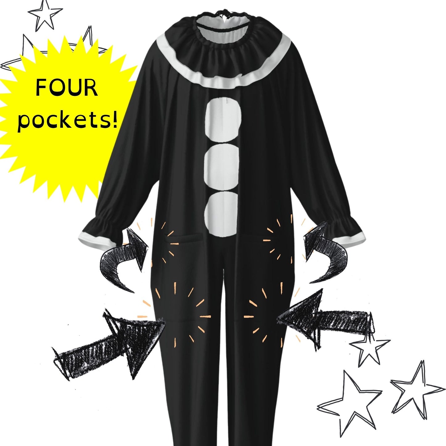 Koko the Clown Suit w Ruffle Collar Baggy Black Jumpsuit