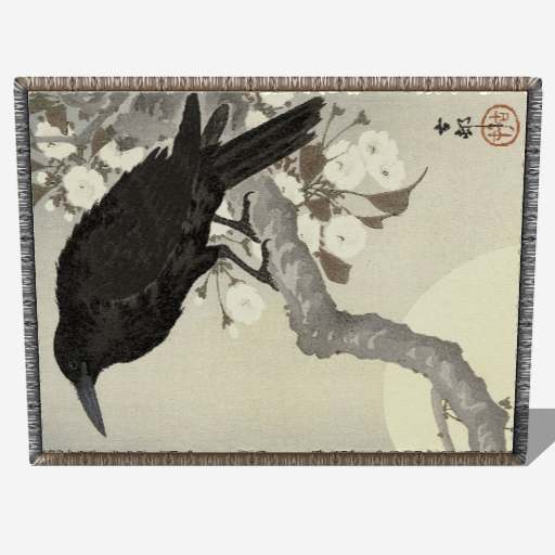 A woven throw featuring a traditional Japanese woodblock print style depiction of a crow perched on a branch with flowers in the background.