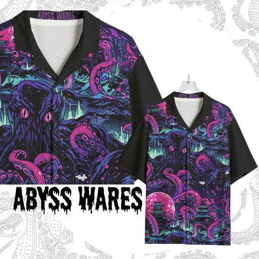 Kraken Invades Tokyo Bowling Shirt Weirdcore Hawaiian Shirts Nonbinary Purple Tentacle Anime Scene