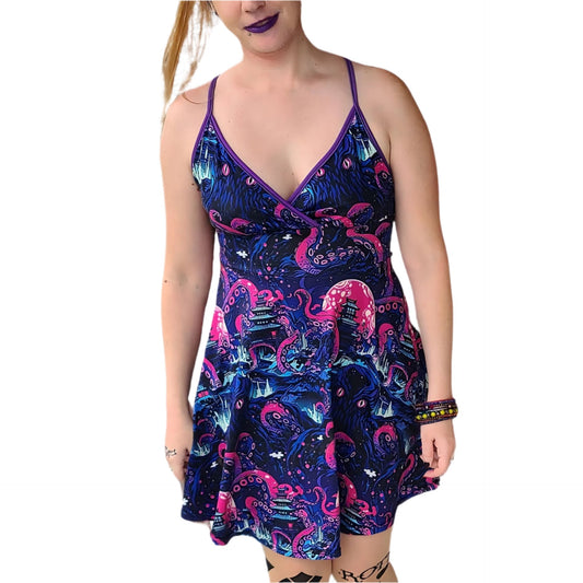 Kraken Invasion Cross Back Cami Dress | Deep Purple and PInk Punk Alt Anime Sundress