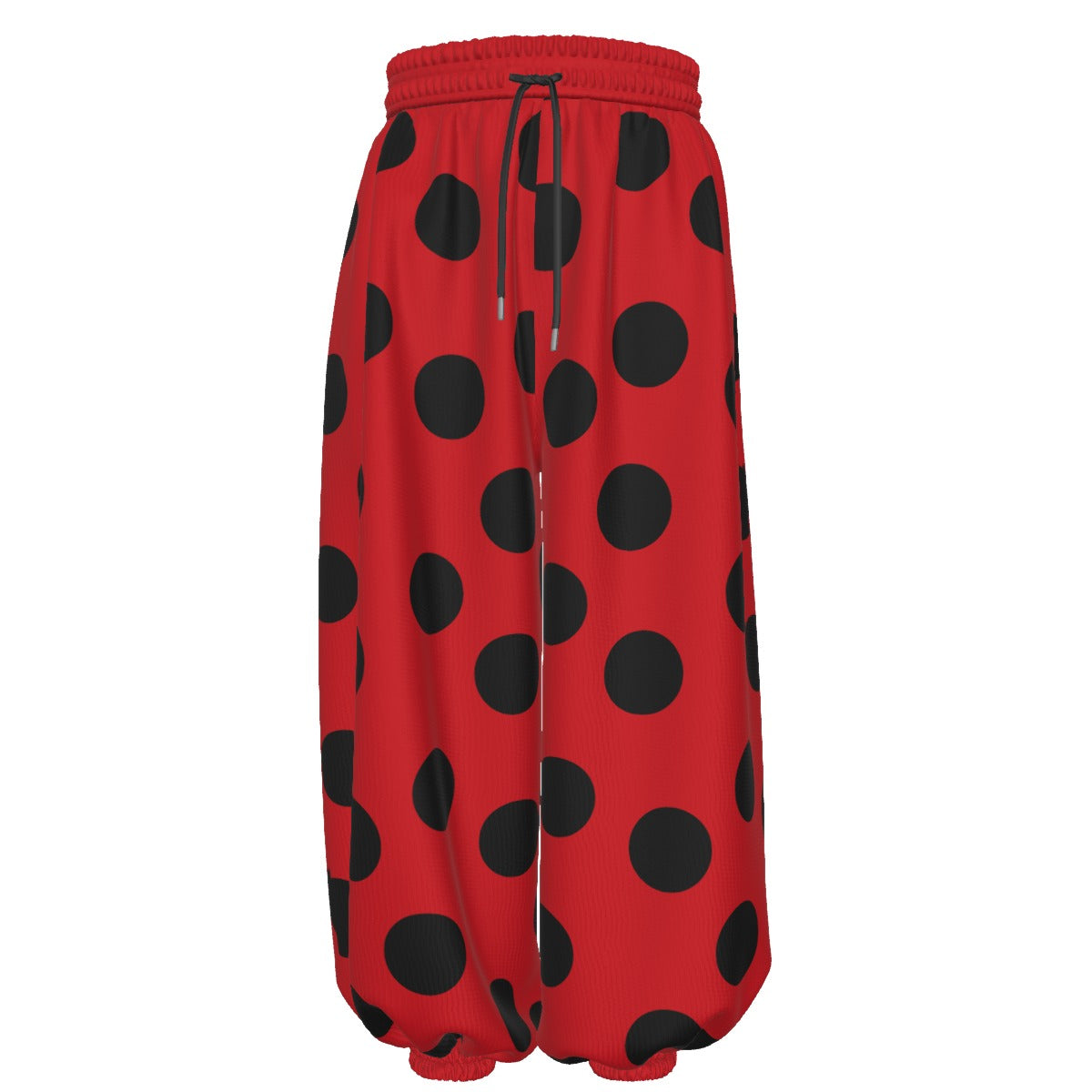 Red sweatpants with black polka dots on a white background