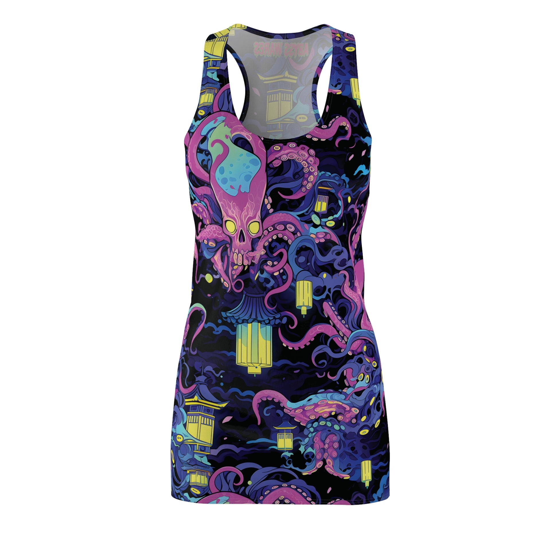 anime-style Cthulhu tentacle monsters in the lantern light on this weird mini tank dress made in USA