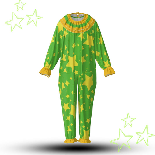 Green adult clown suit with yellow star patterns on a white background