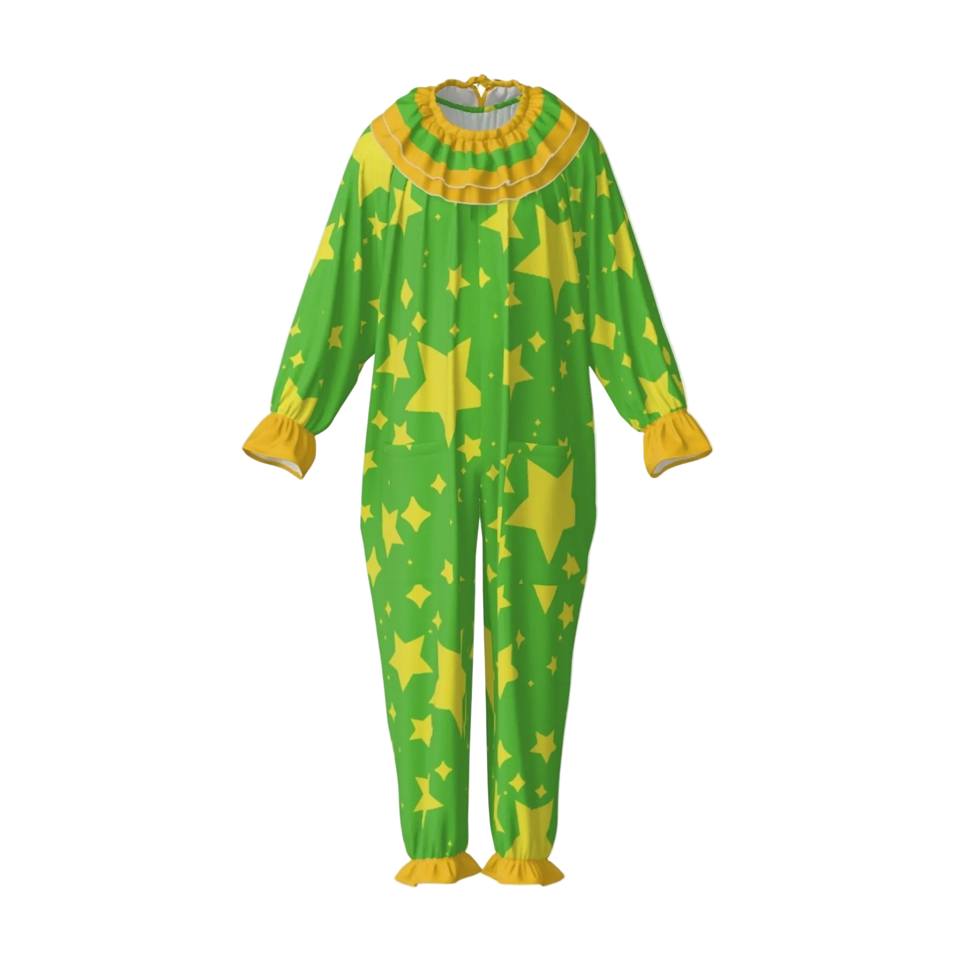 green clown suit with yellow stars and a yellow ruffle collar