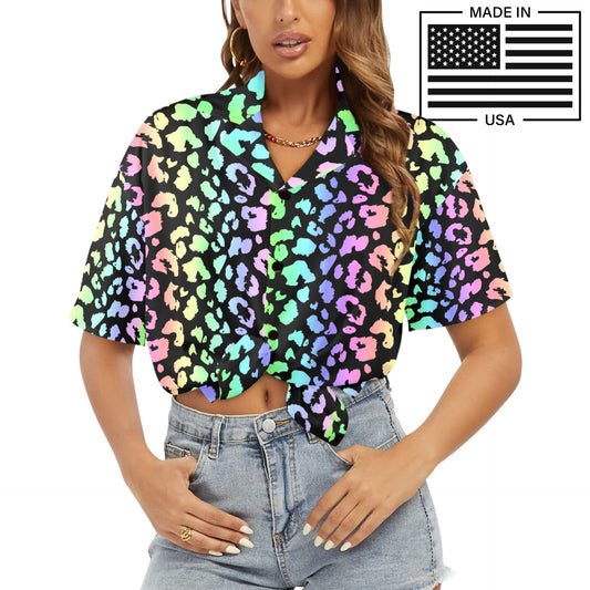 90s nostalgia rainbow leopard print blouse for women