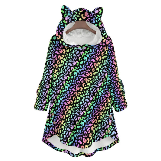 Rainbow leopard print plushy cat ear pullover hoodie
