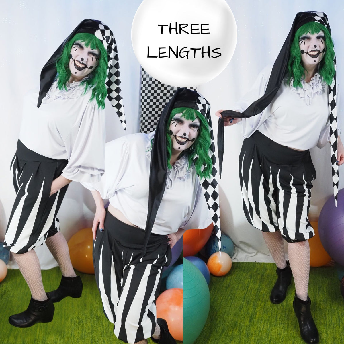 Longster jester hat, satin clown cap, small medium and long lengths side by side