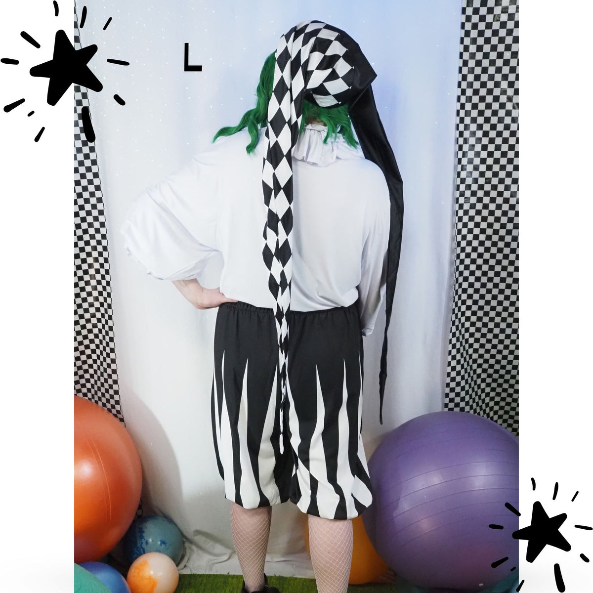 Longster jester hat, satin clown cap, long length back view