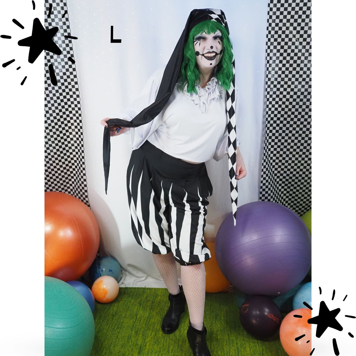 Longster jester hat, satin clown cap, long length front view