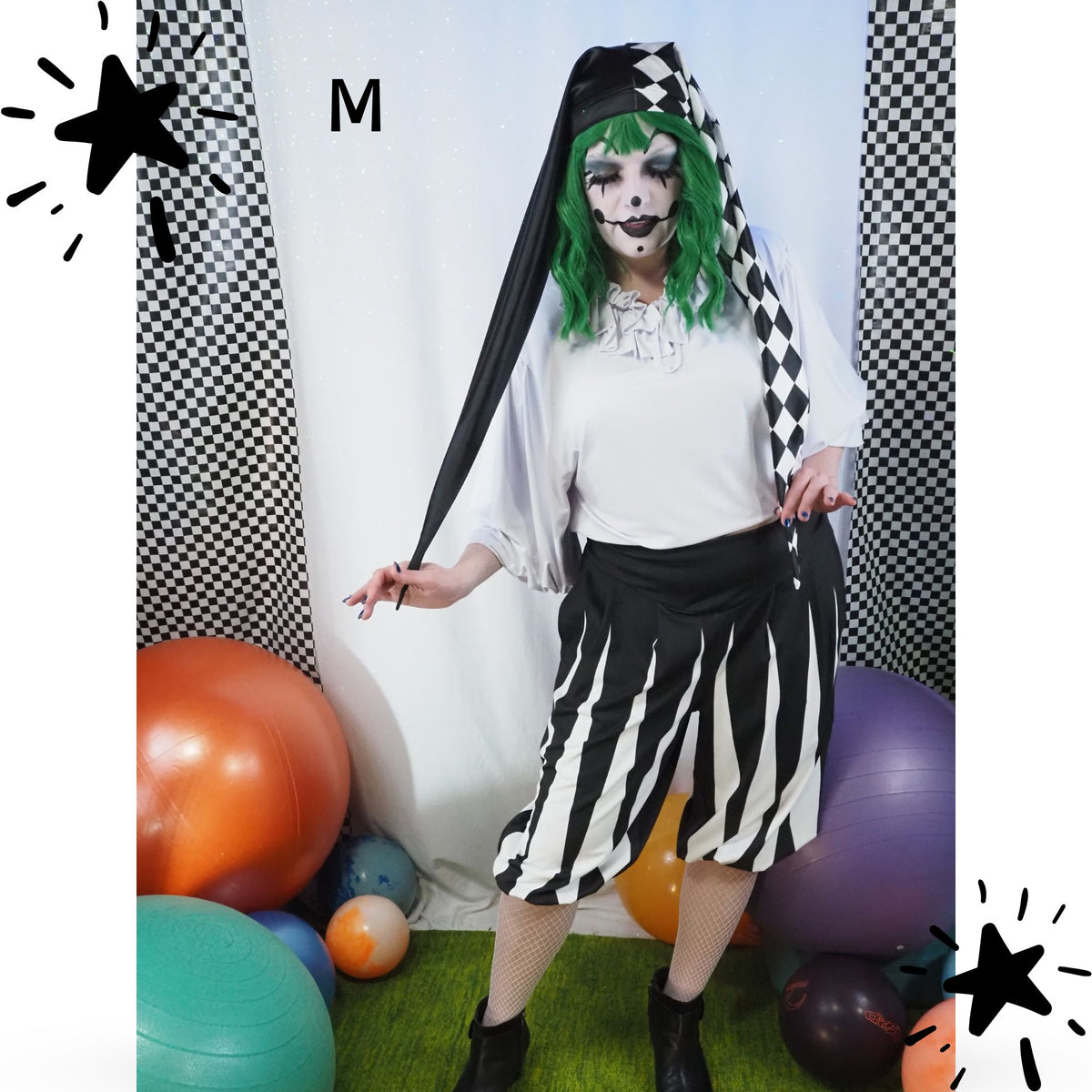 Longster jester hat, satin clown cap, medium length front view