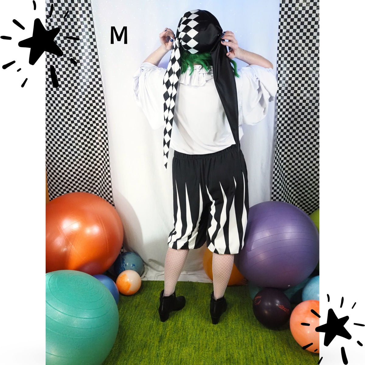 Longster jester hat, satin clown cap, medium length back view