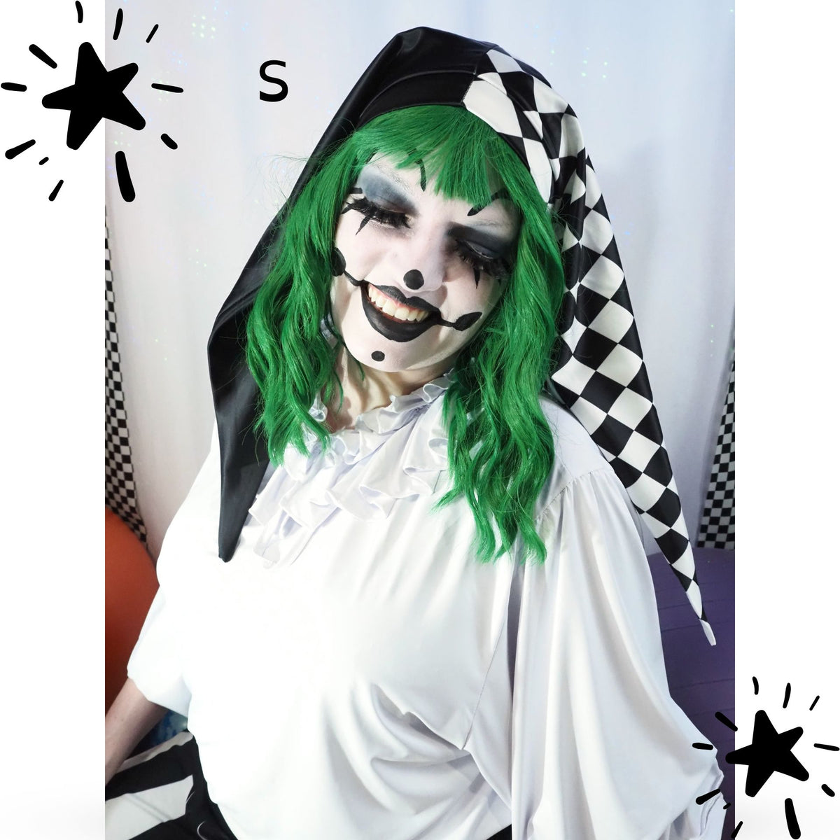 Longster jester hat, satin clown cap, small length worn