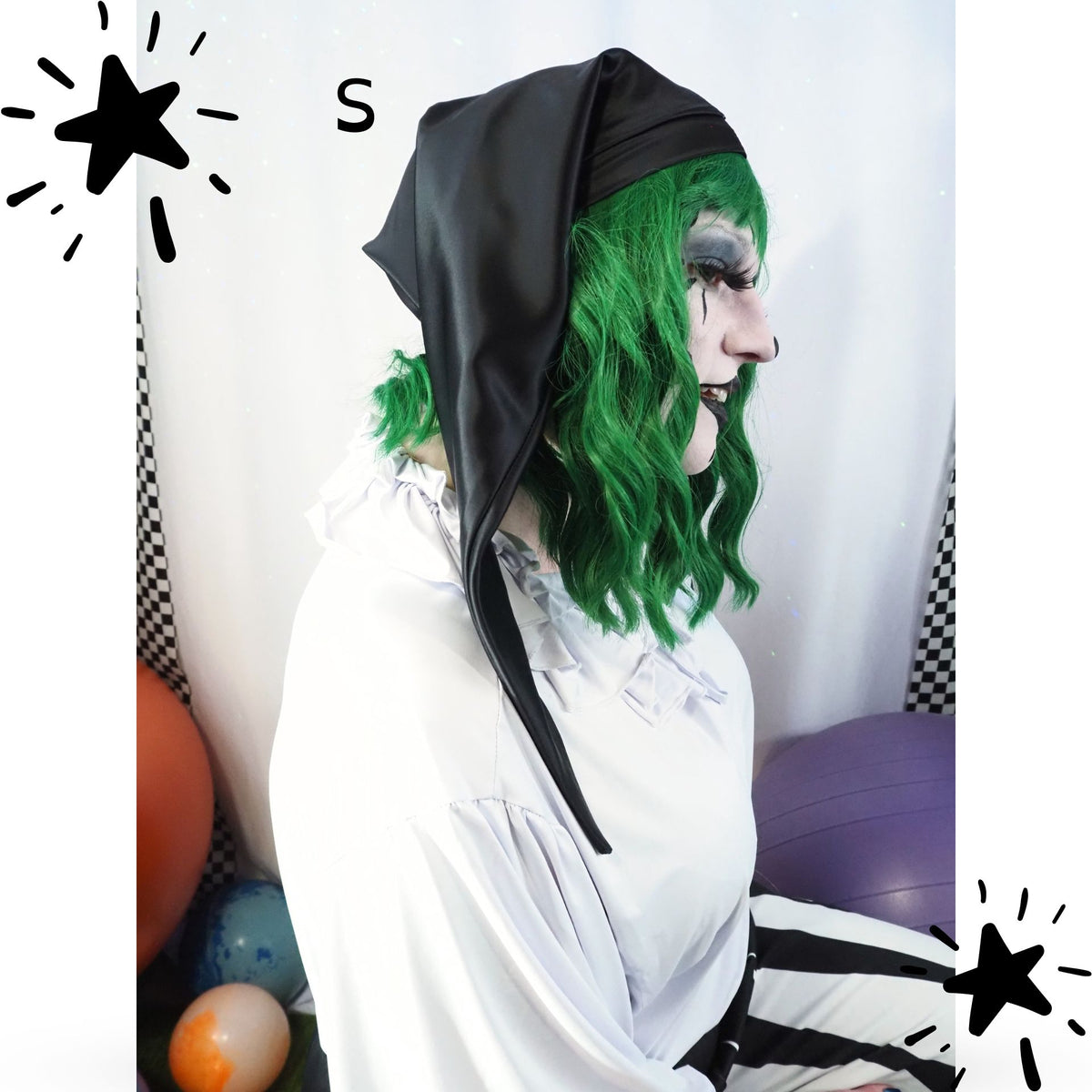 Longster jester hat, satin clown cap, small length other side view