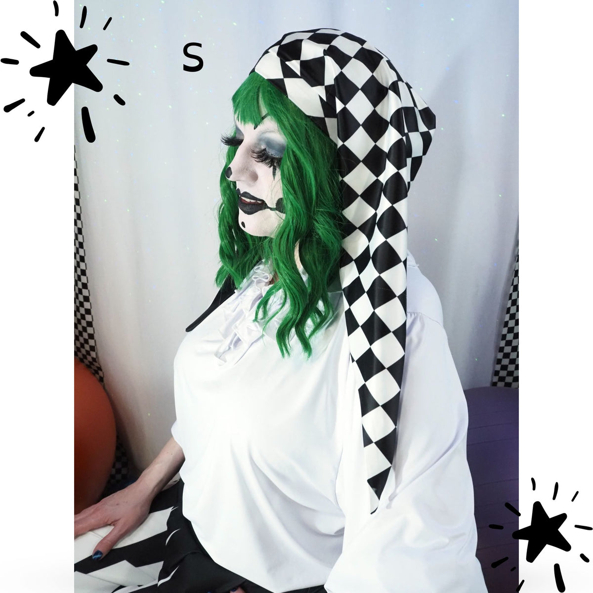 Longster jester hat, satin clown cap, small length side view