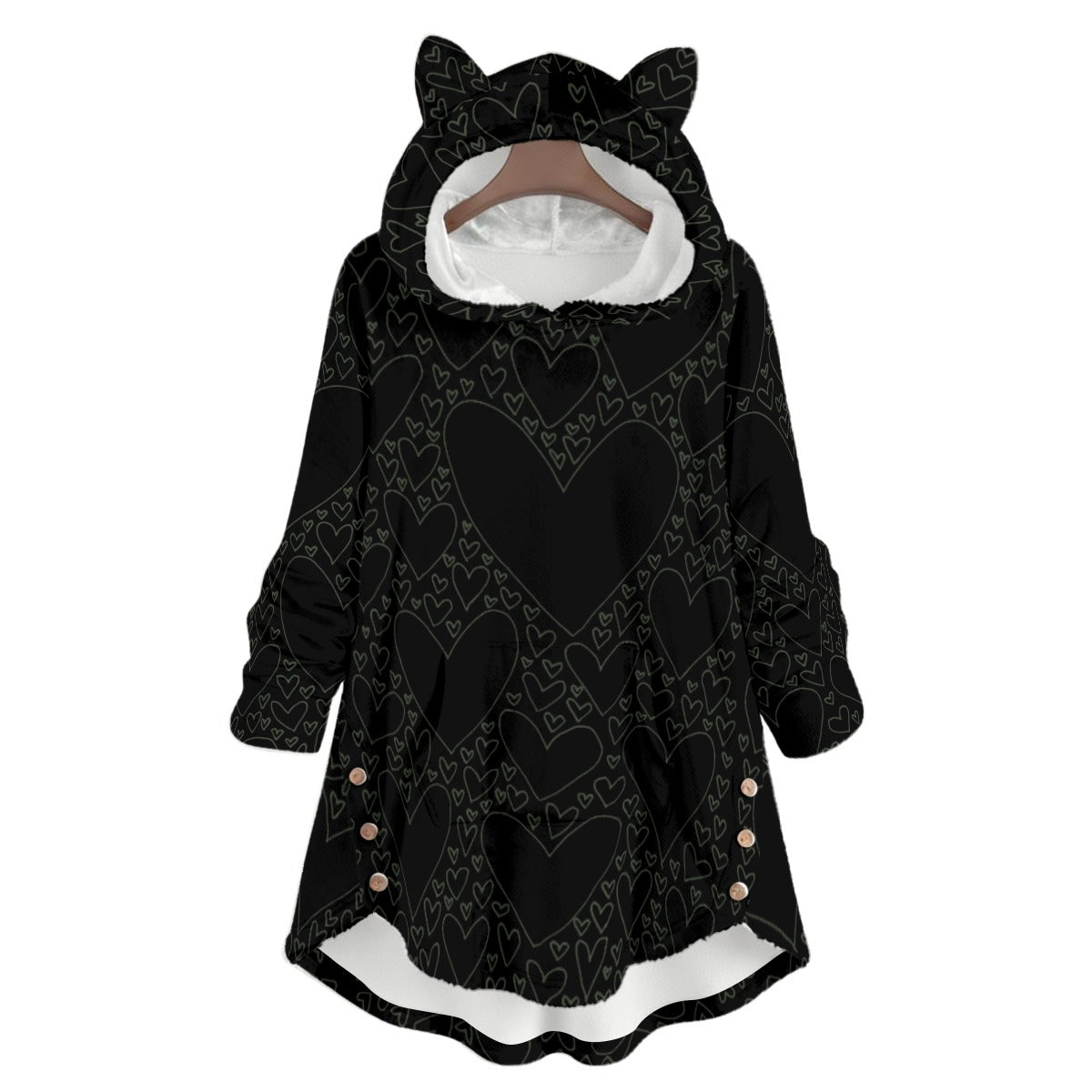 black with all-over hearts design plushy cat ear pullover hoodie