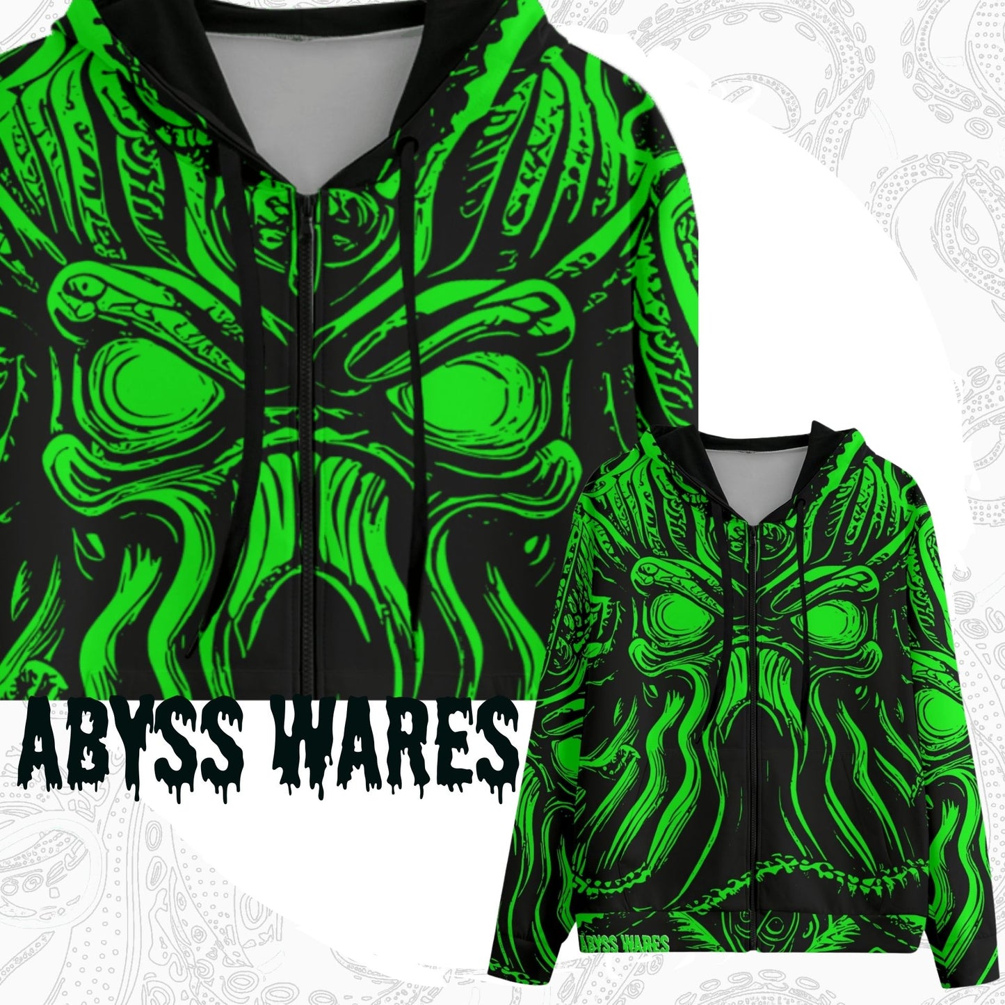 Mean Green Cthulhu Zip Up Hoodie Acid Goth Dark Nautical Nonbinary Lovecraftian Tentacle Monster