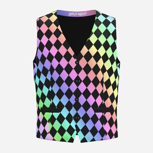 Mens Fancy Vest Black Harlequin Rainbow Ombre Clown Jester Satin Lined Waistcoat