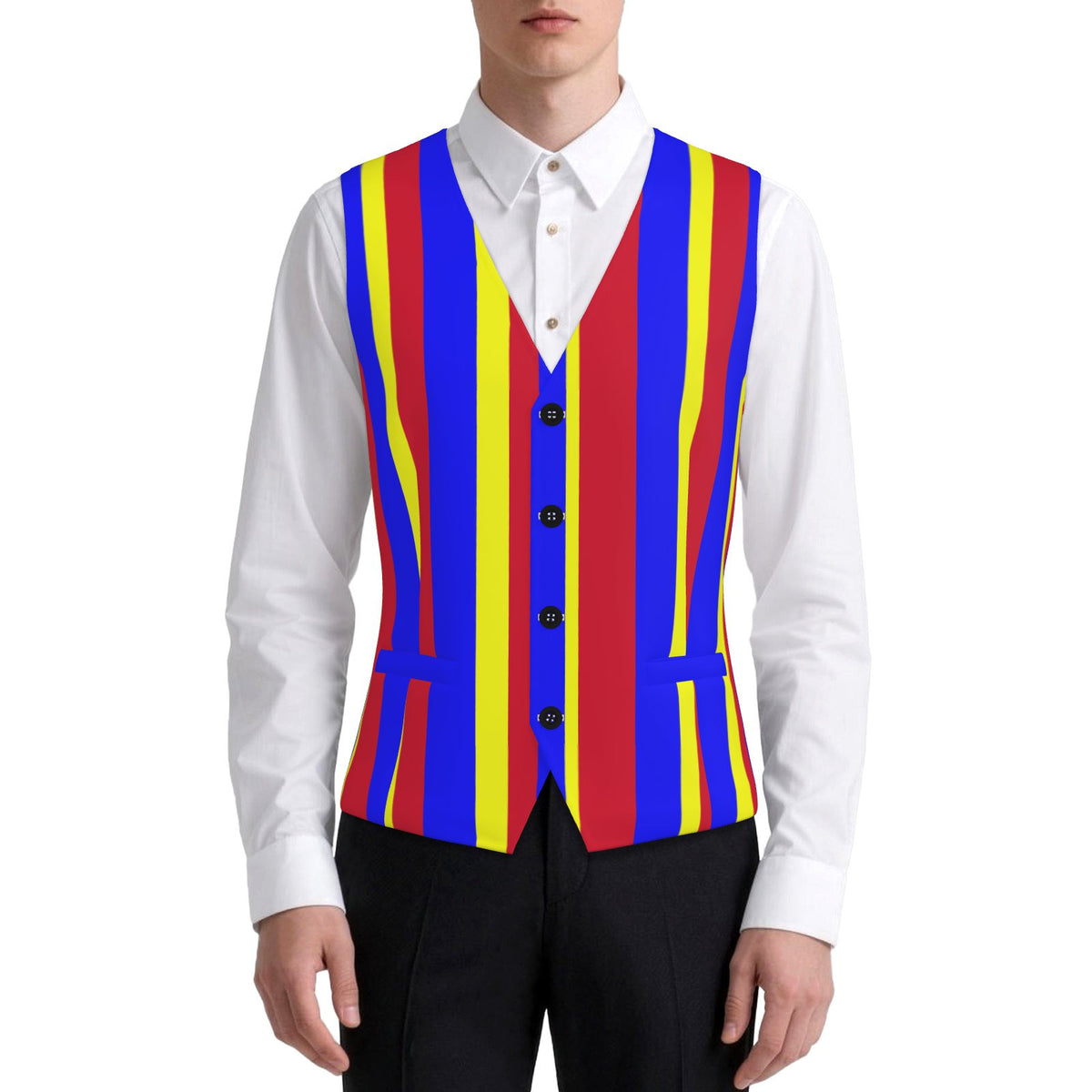 Mens Fancy Vest Clown Stripe Red Blue Yellow Primary Color Waistcoat