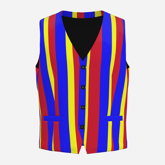 Mens Fancy Vest Clown Stripe Red Blue Yellow Primary Color Waistcoat