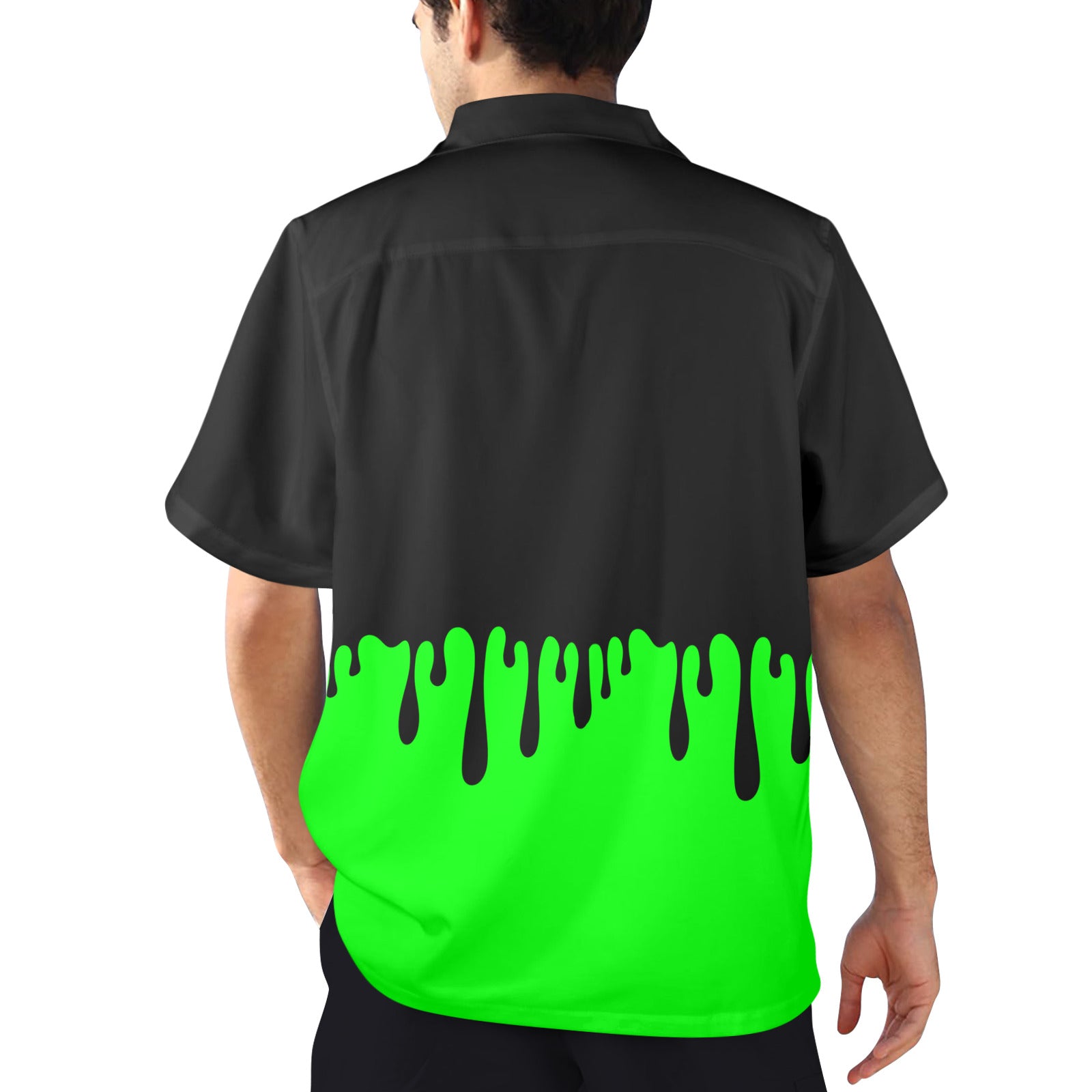 lime green short sleeve button up shirt for Y3K gothic men with black drippy ooze design made in the USA