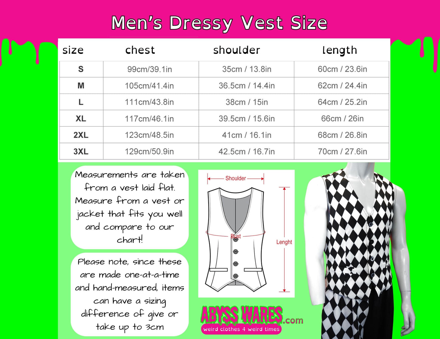 Men's dressy vest size chart with measurements on a green background