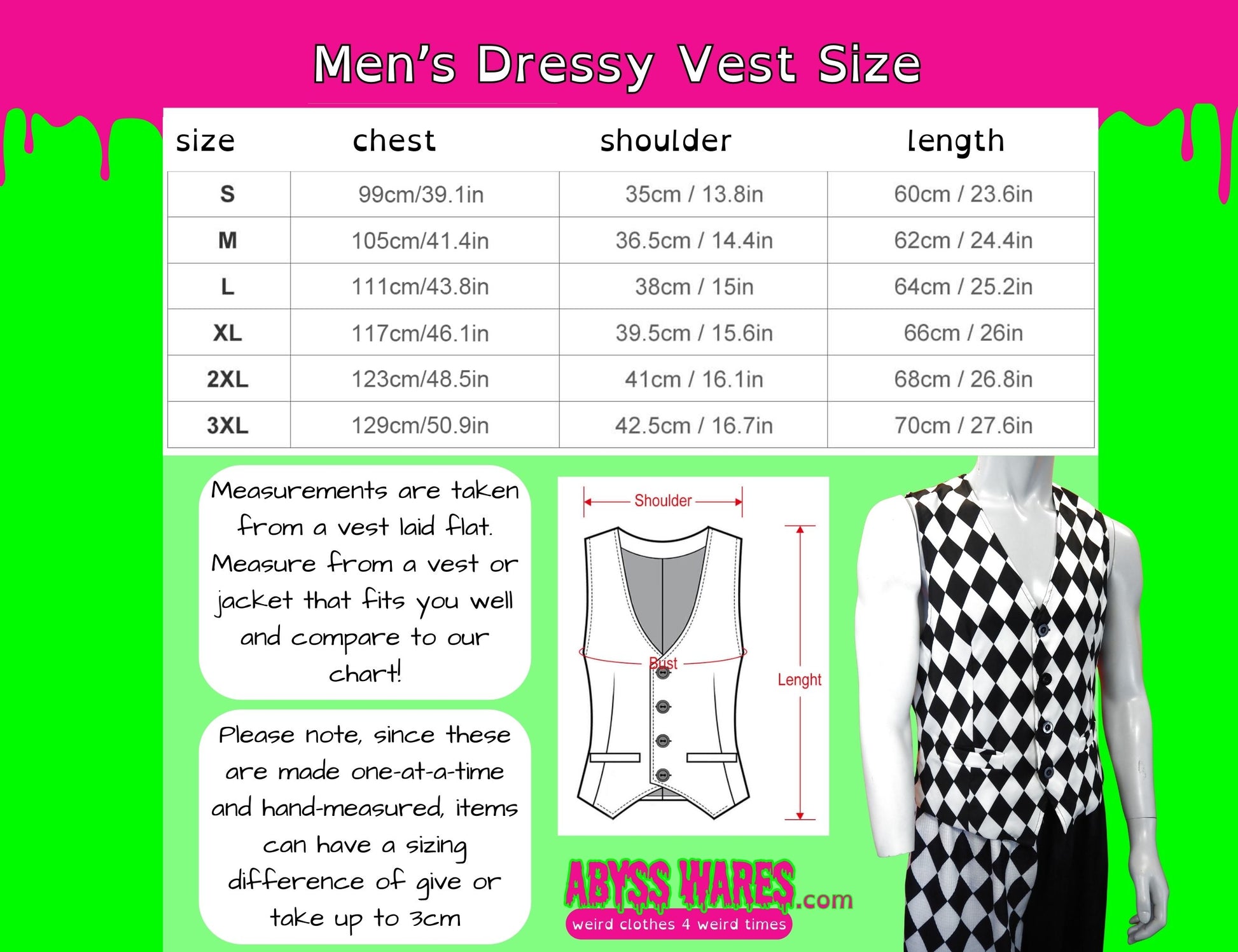 Men's dressy vest size chart with measurements on a green background
