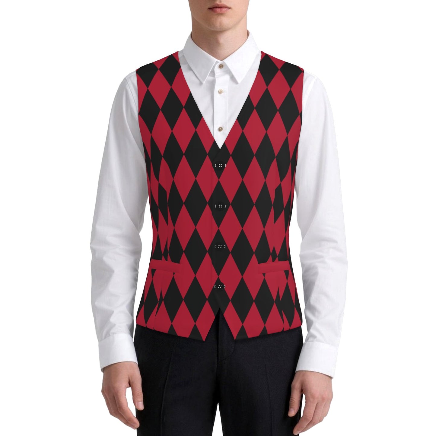 Mens Fancy Vest Cranberry Harlequin Red Jester Masc Waistcoat