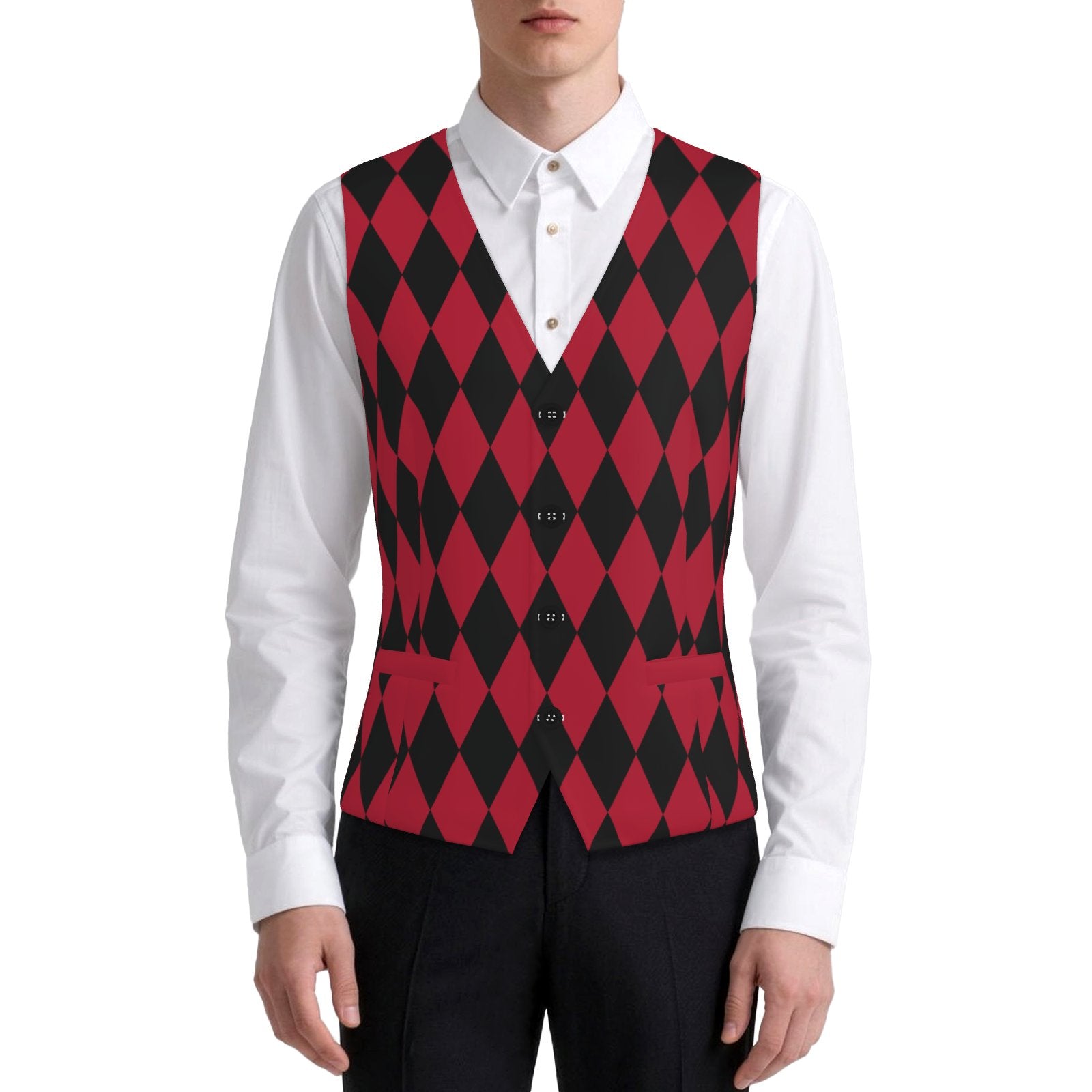 Mens Fancy Vest Cranberry Harlequin Red Jester Masc Waistcoat
