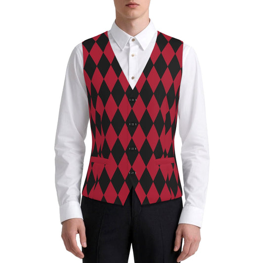 Mens Fancy Vest Cranberry Harlequin Red Jester Masc Waistcoat