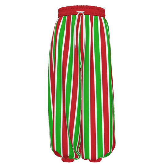 Red, green, and white striped baggy clown-style pants with a drawstring on a white background