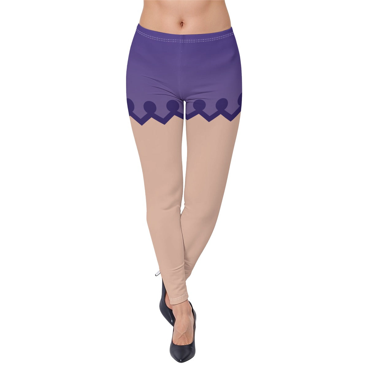 ladies skin tone leggings that look like booty shorts in a violet purple with jester zigzag trim