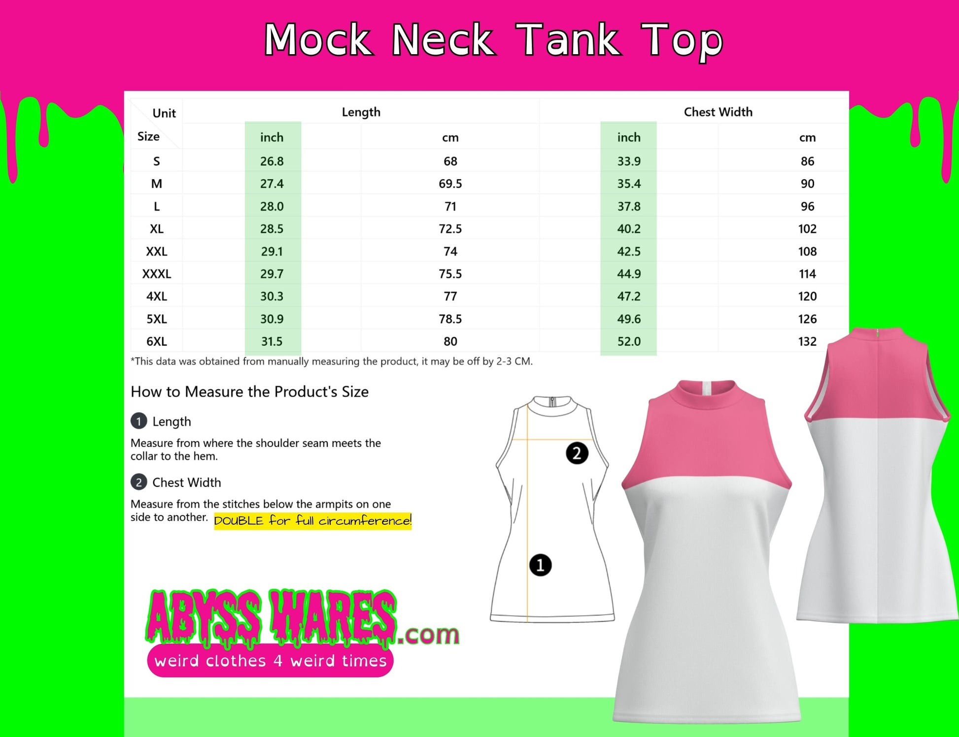 Measurement chart for a mock neck tank top with size chart and Abyss Wares branding.
