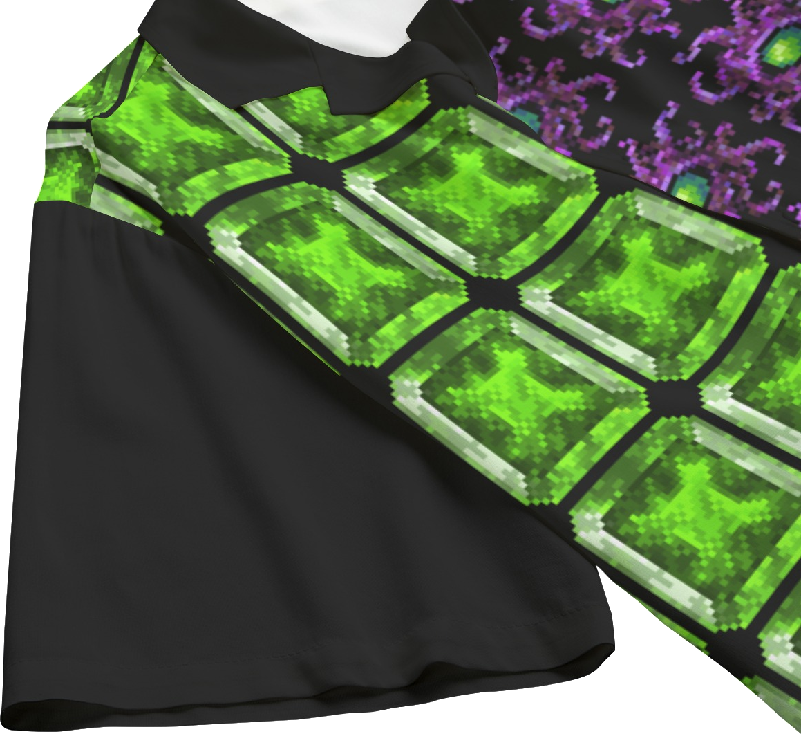 8bit Monster Gem Bowling Shirt Soft Rayon | Acid Green Gems and Purple Tentacle Beasts