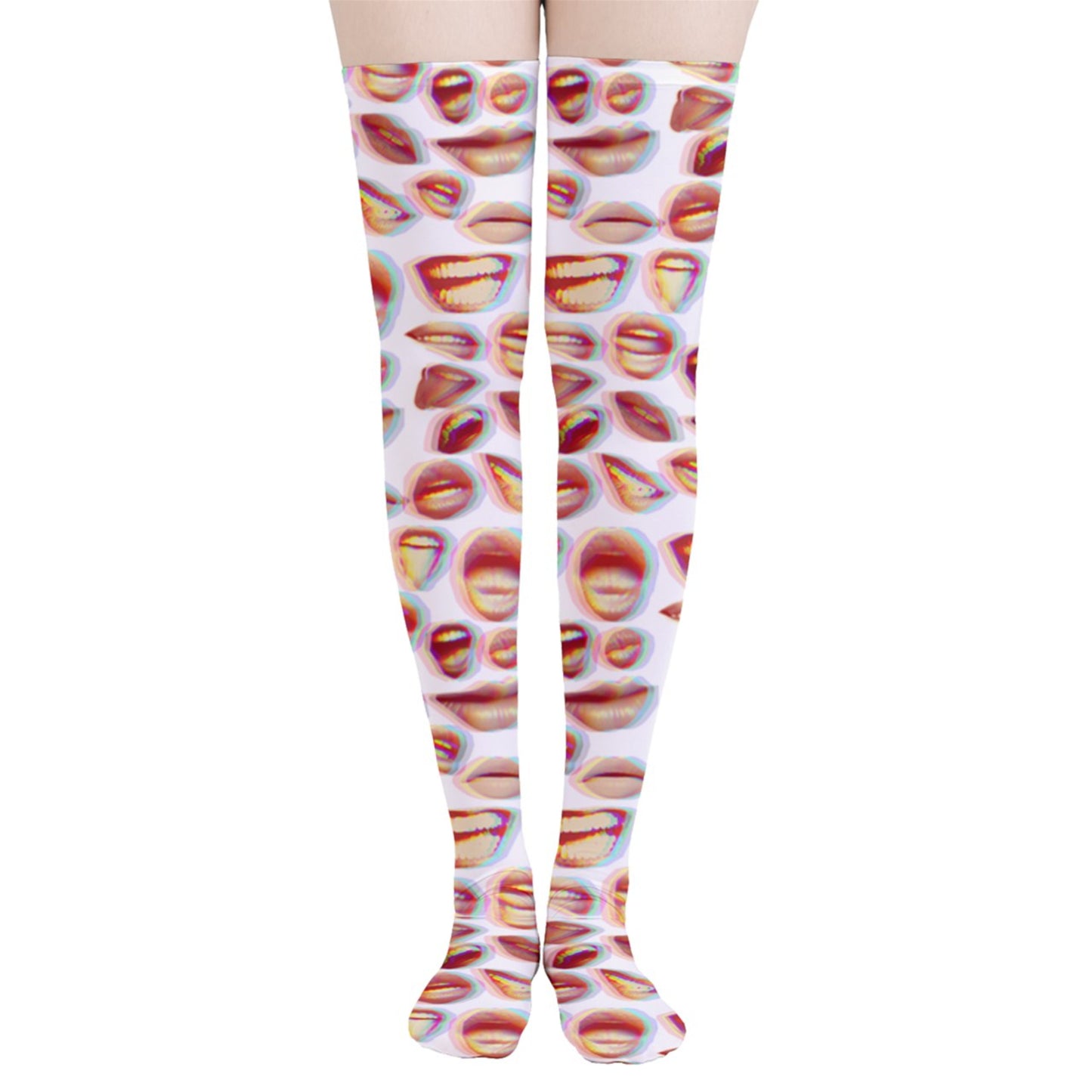 white thigh highs with glitchy mouth print