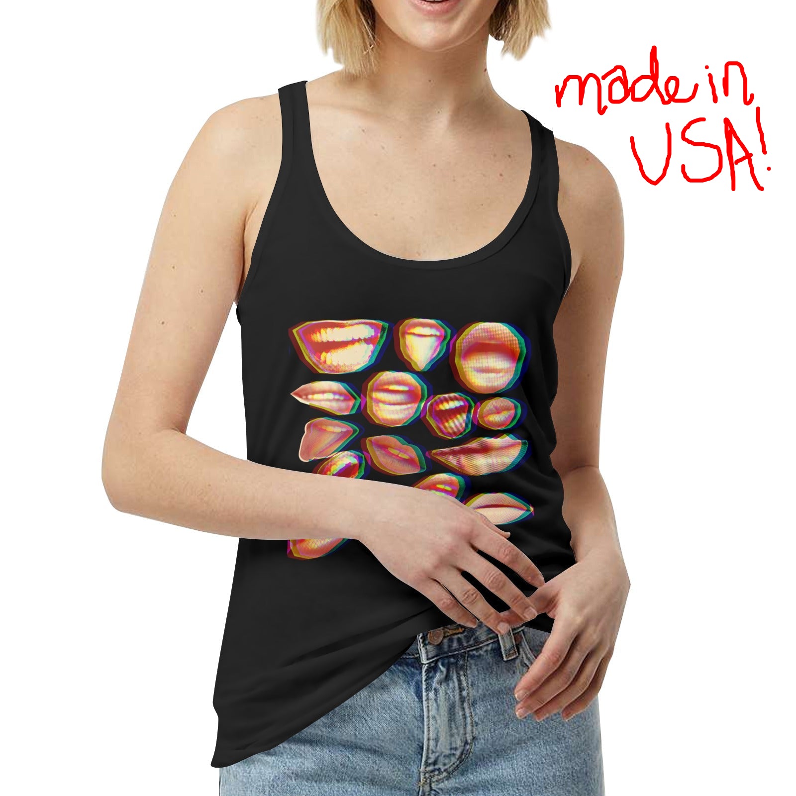 womens black tank top with glitchy many mouths print, made in USA