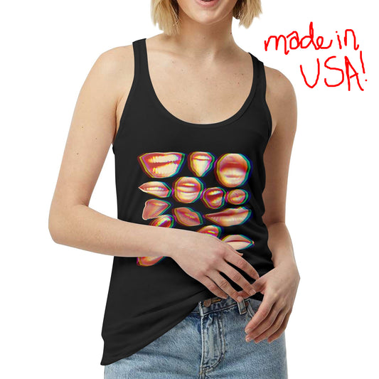 womens black tank top with glitchy many mouths print, made in USA