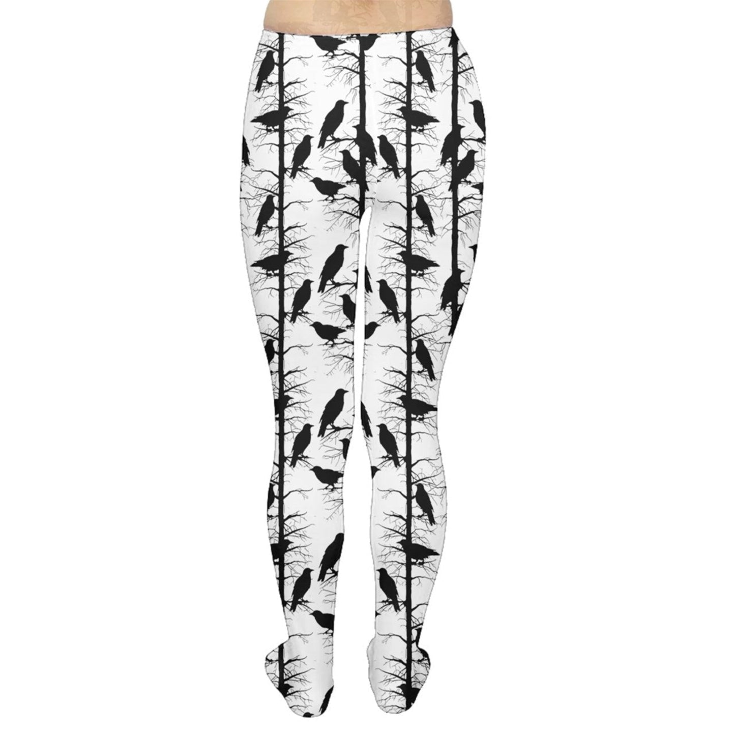 whimsigoth black and white print of ravens in a tree on footed dance tights