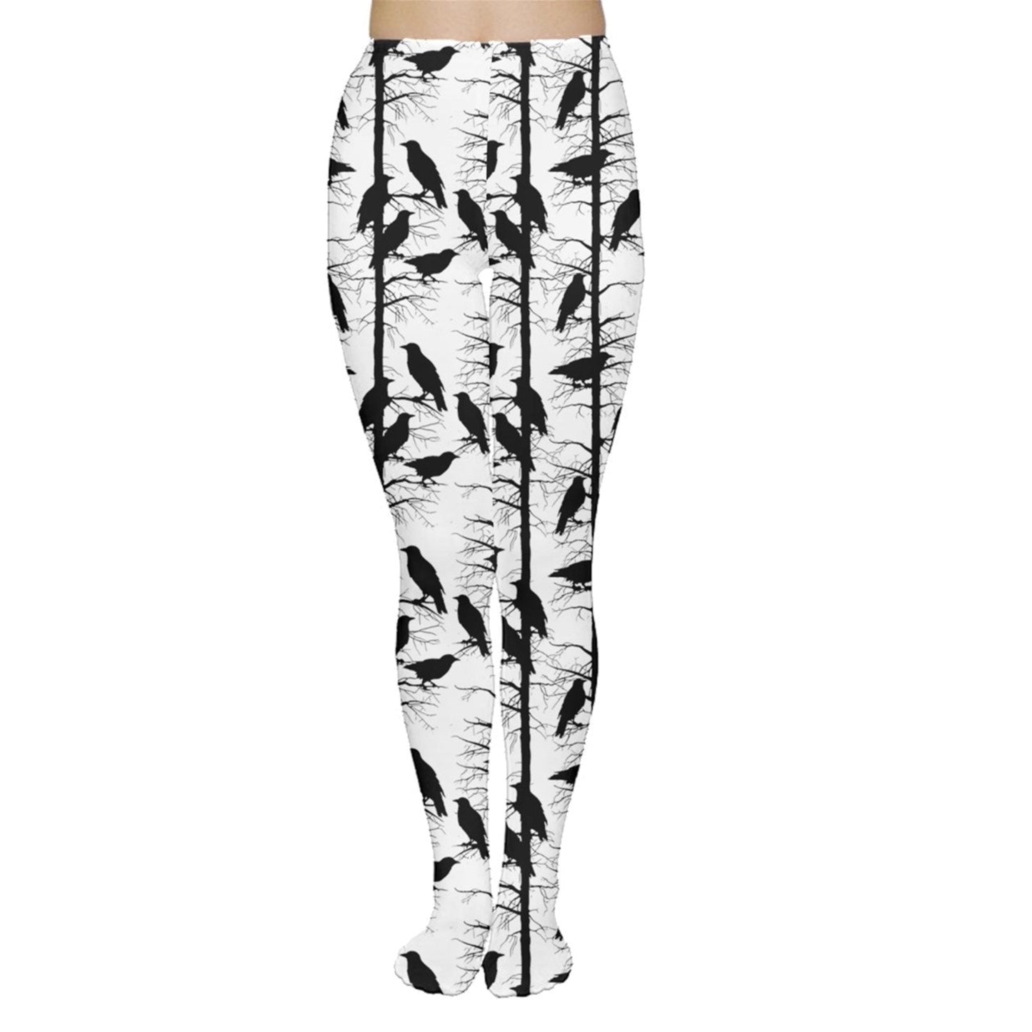 black and white ravens in a tree patterned pantyhose