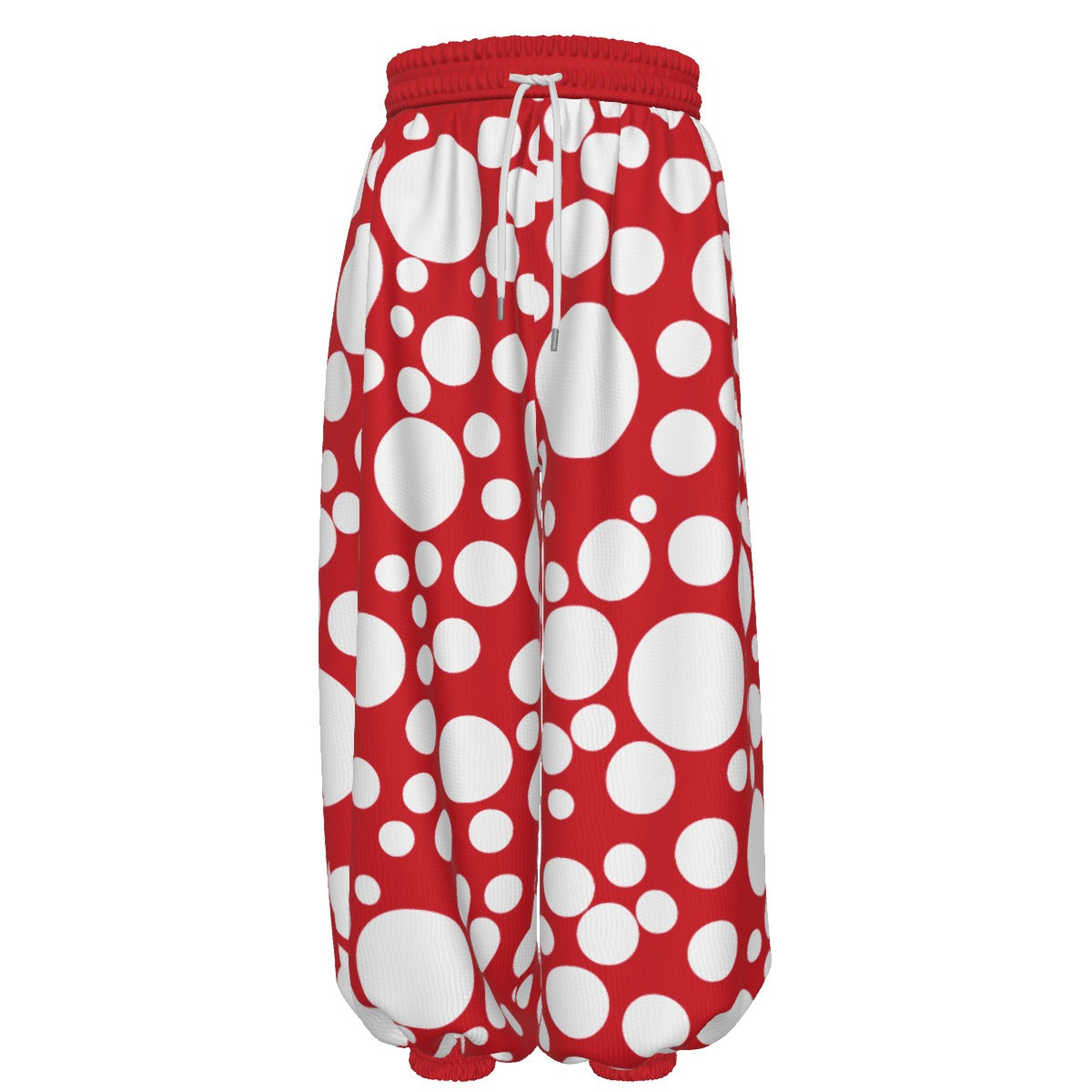 Baggy clowncore style sweatpants, red with white mushroom-like polkadots all-over print. Elastic waist and gathered ankle.
