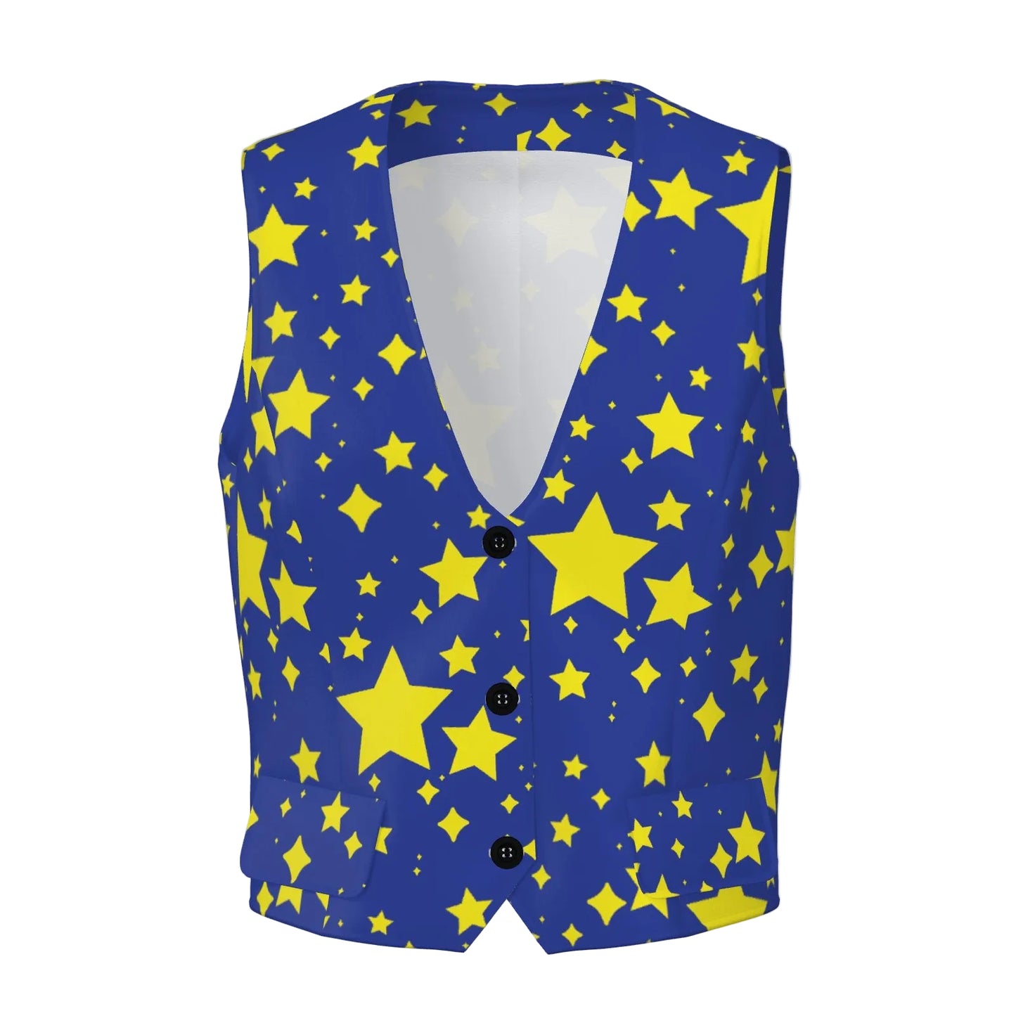 Blue vest with yellow star pattern on a white background