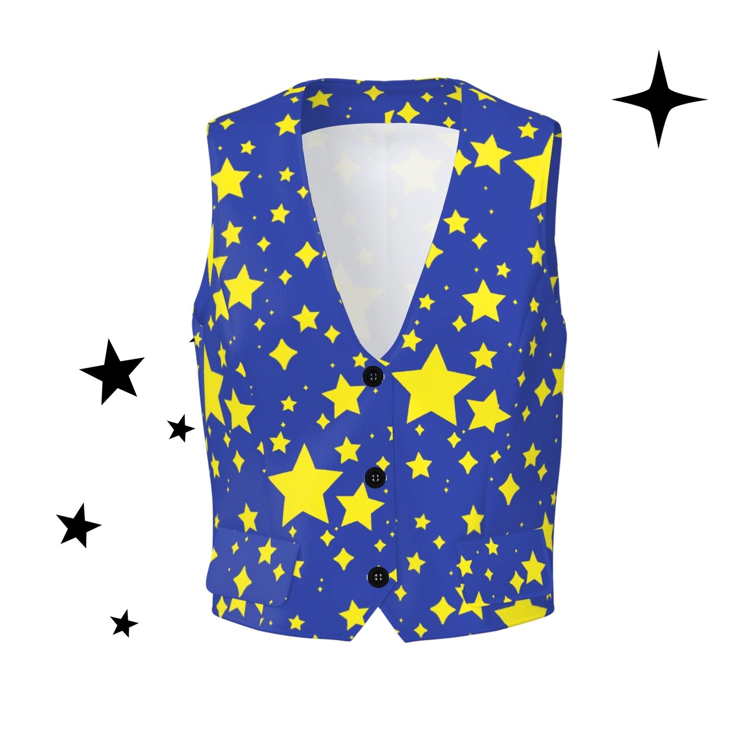 Blue vest with yellow star pattern on a white background