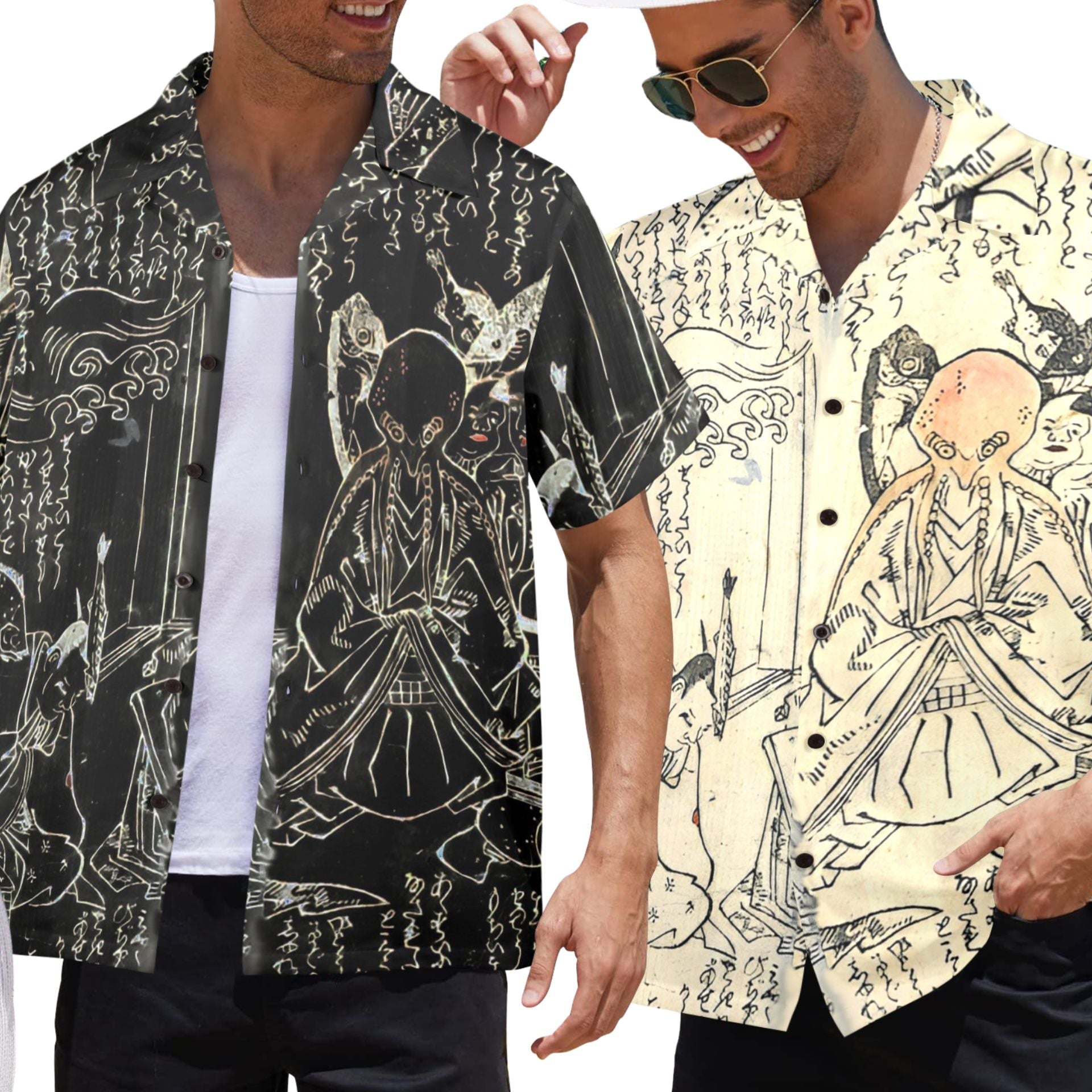 Mens Cthulhu Hawaiian Shirt available in beige parchment and black, made in USA tariff-free!