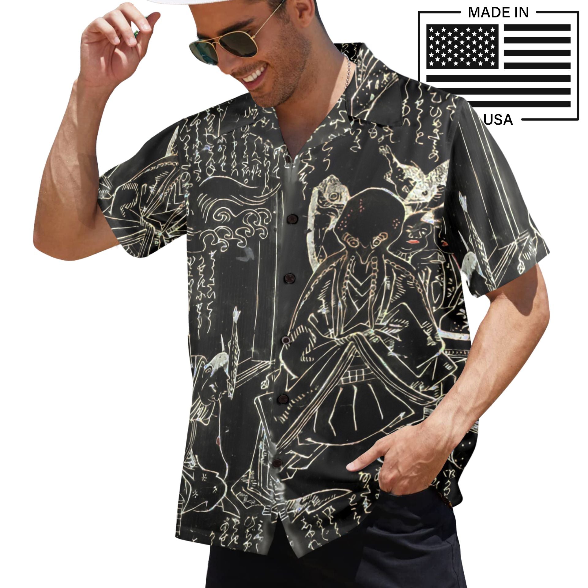 Mens Cthulhu Hawaiian Shirt Vintage Japanese Octopus Print made in USA