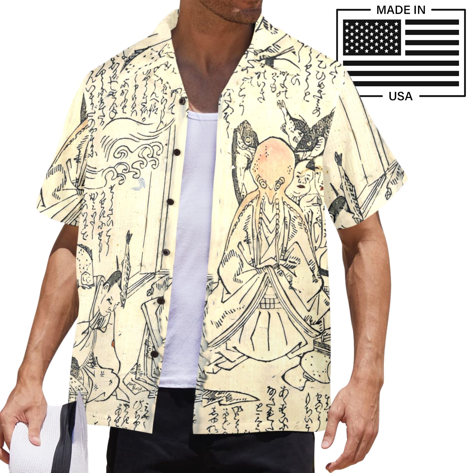 Mens Cthulhu Hawaiian Shirt Vintage Japanese Octopus Print made in USA parchment color