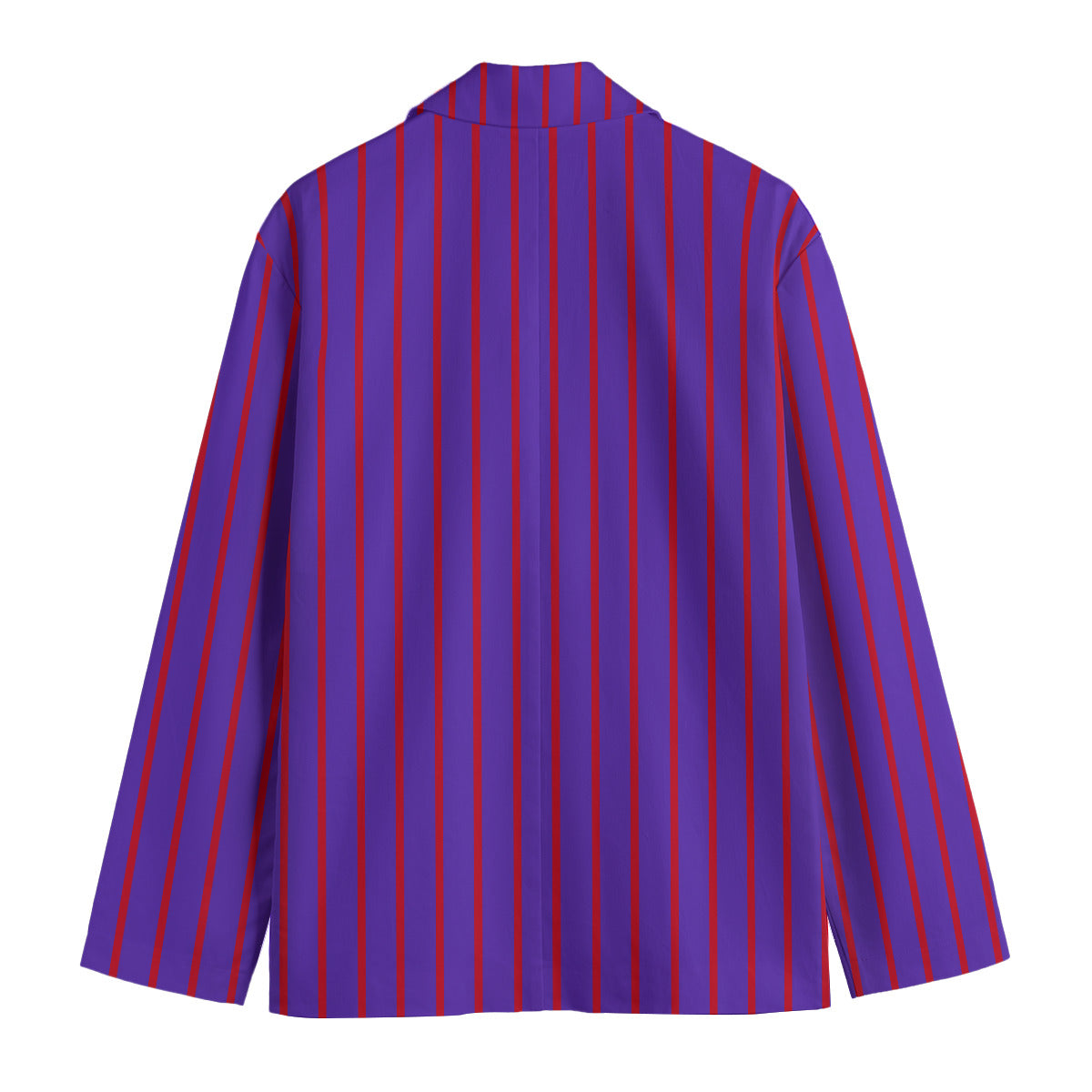 Purple suit coat with red vertical stripes on a white background