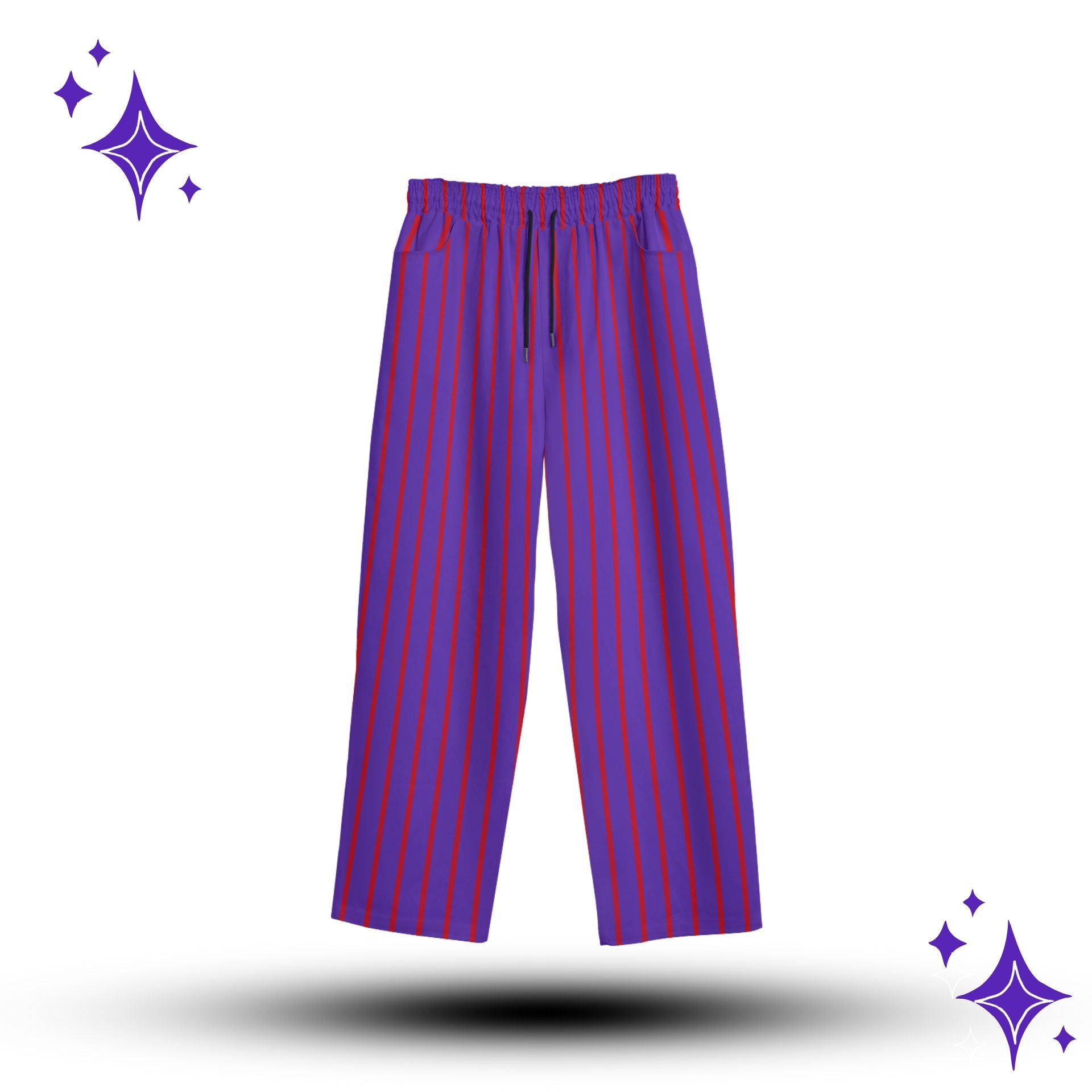 Purple and red striped pants on a white background