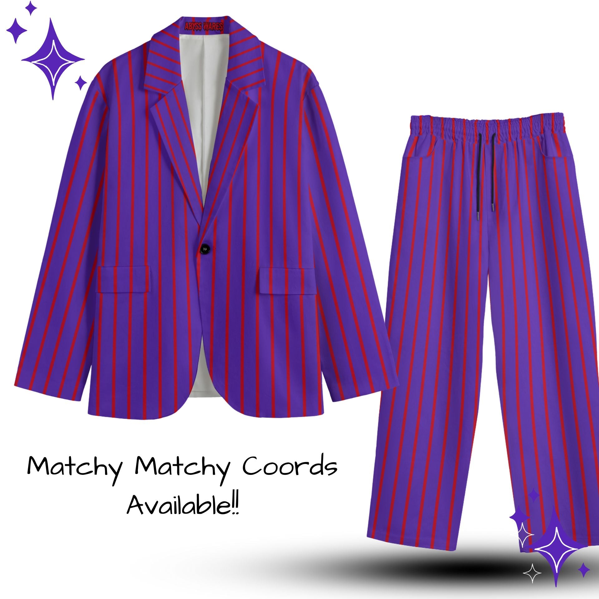 Purple and red striped suit jacket and pants on a white background with text 'Matchy Matchy Coords Available!!'.